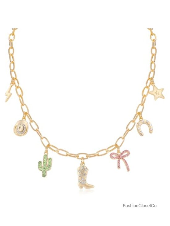 Jewelry - Western Charm Pendant Necklace Stars Horseshoe Cowboy Boots Cactus Lightning